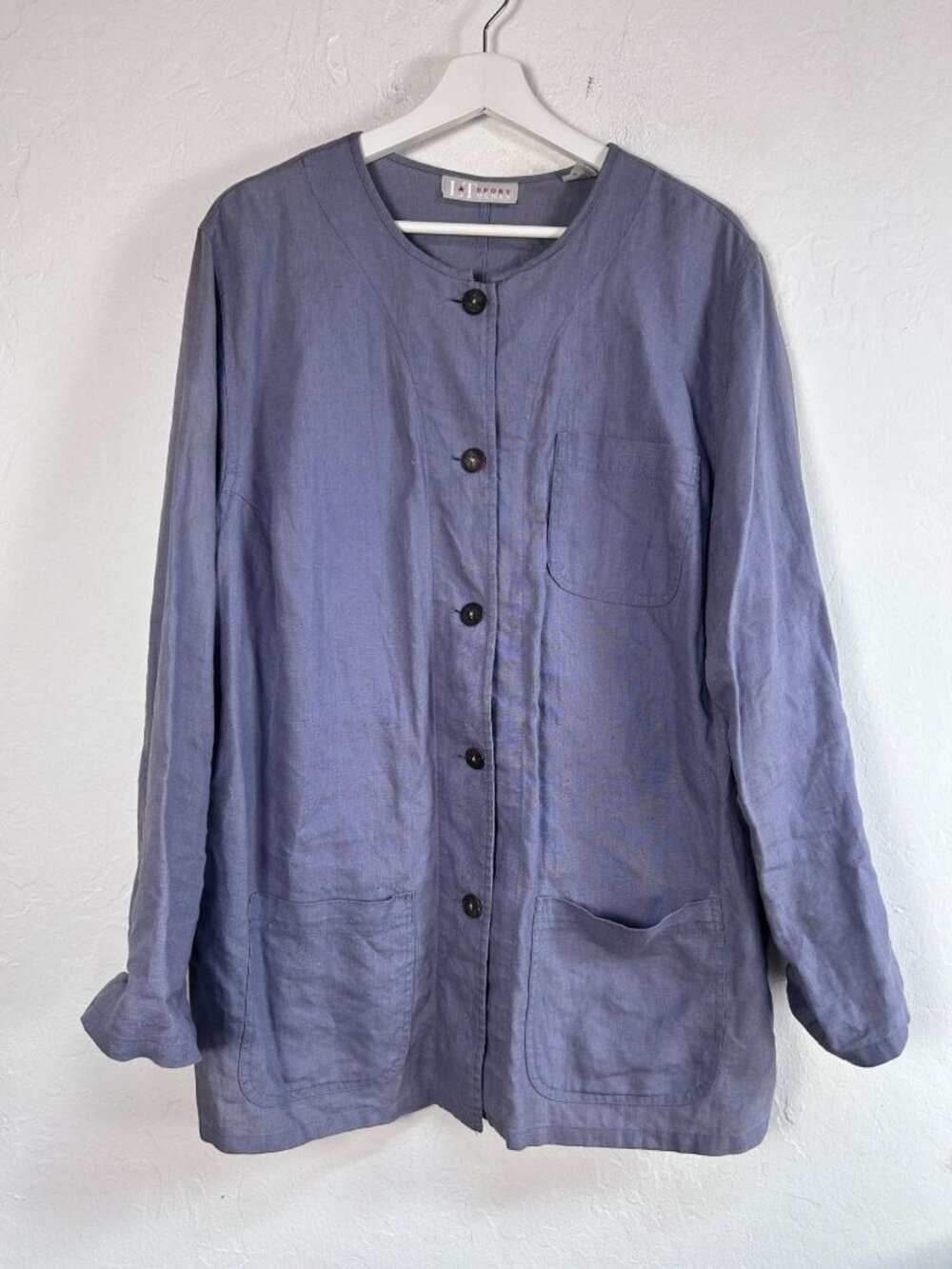 L.T. Sport Womens Blue Linen Button-Front Long Sleeve Jacket 2X Pockets Casual